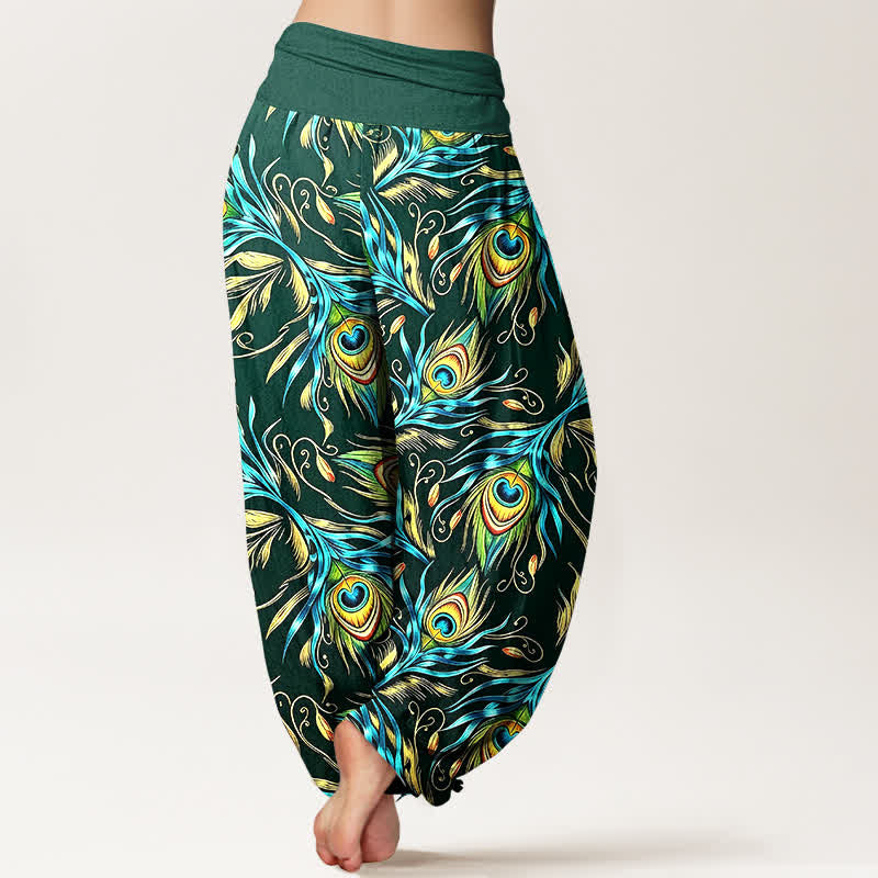 Buddha Stones Pantalones harem de mujer con cintura elástica y estampado de plumas de pavo real, de algodón puro. - image 6