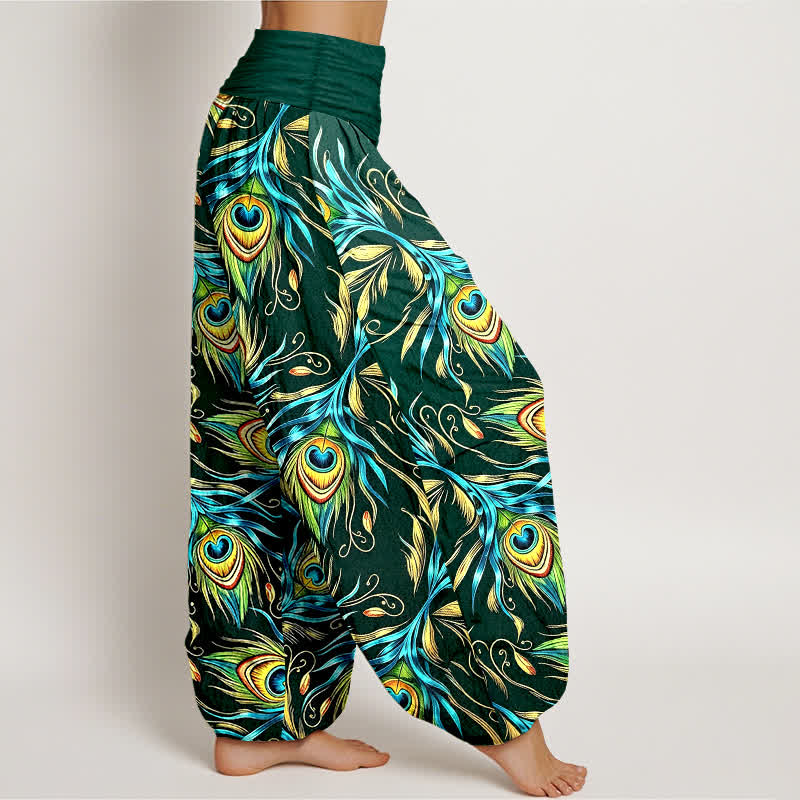 Buddha Stones Pantalones harem de mujer con cintura elástica y estampado de plumas de pavo real, de algodón puro. - image 7