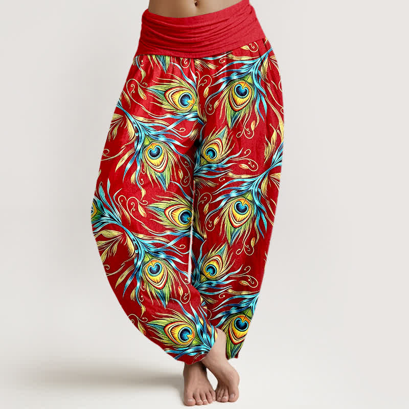 Buddha Stones Pantalones harem de mujer con cintura elástica y estampado de plumas de pavo real, de algodón puro. - Rojo - US16，UK/AU20，EU48 (3XL) - image 8