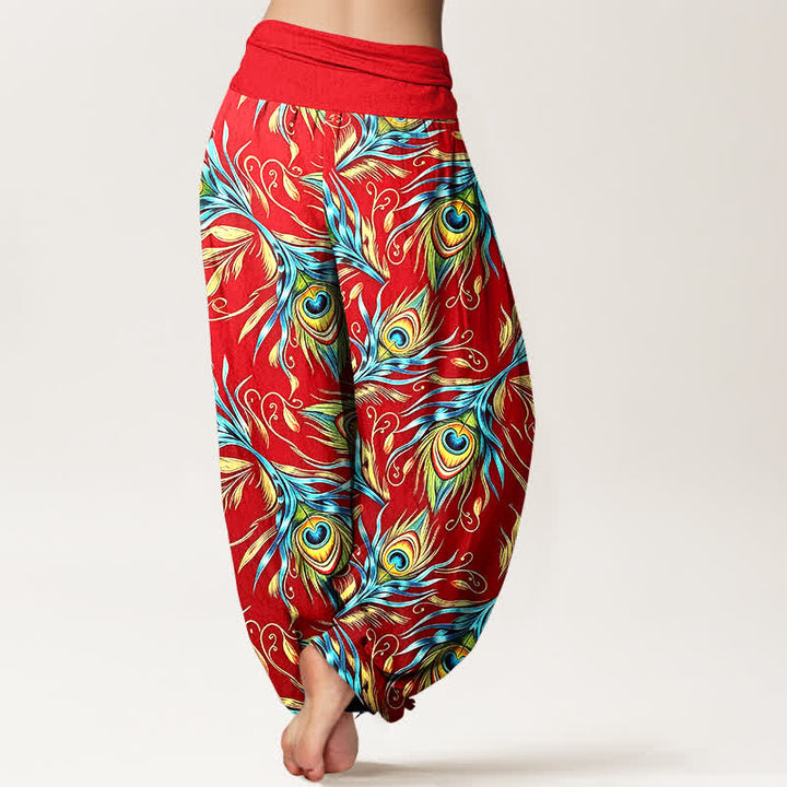 Buddha Stones Pantalones harem de mujer con cintura elástica y estampado de plumas de pavo real, de algodón puro. - image 9