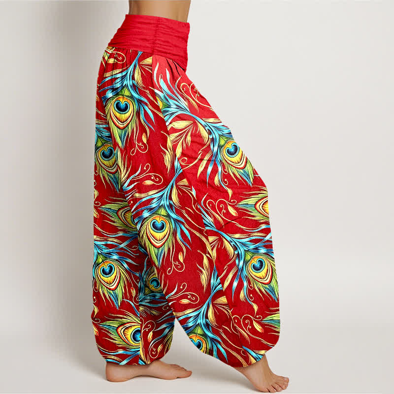 Buddha Stones Pantalones harem de mujer con cintura elástica y estampado de plumas de pavo real, de algodón puro. - image 10