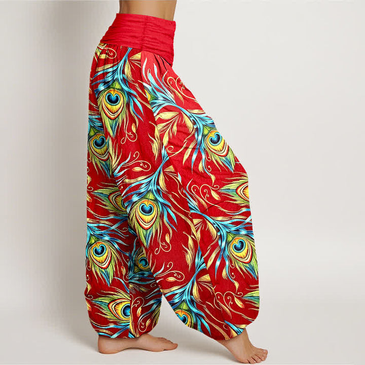 Buddha Stones Pantalones harem de mujer con cintura elástica y estampado de plumas de pavo real, de algodón puro. - image 10