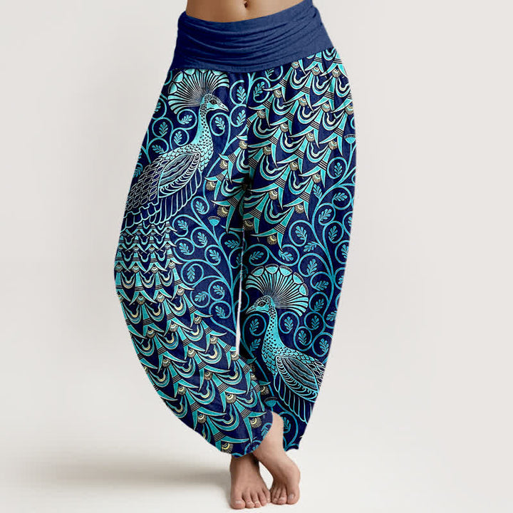 Buddha Stones Pantalones harem de mujer con cintura elástica y estampado de plumas de pavo real, de algodón puro. - Marina de guerra - US16，UK/AU20，EU48 (3XL) - image 0