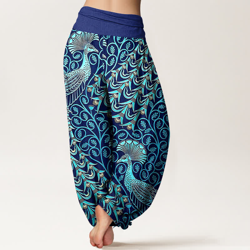 Buddha Stones Pantalones harem de mujer con cintura elástica y estampado de plumas de pavo real, de algodón puro. - image 1