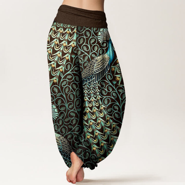 Buddha Stones Pantalones harem de mujer con cintura elástica y estampado de plumas de pavo real, de algodón puro. - image 6