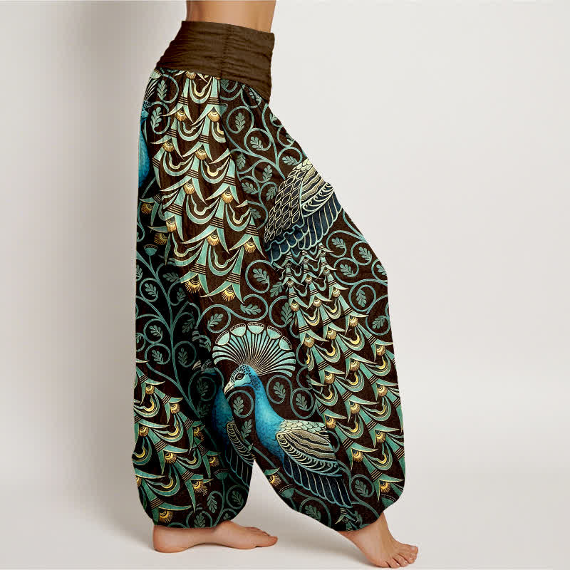 Buddha Stones Pantalones harem de mujer con cintura elástica y estampado de plumas de pavo real, de algodón puro. - image 7