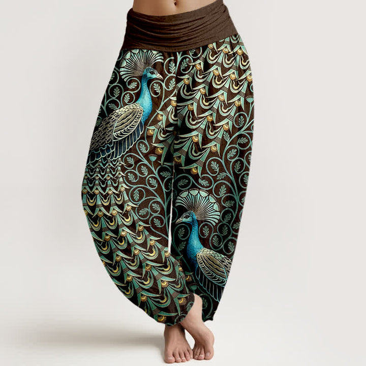 Buddha Stones Pantalones harem de mujer con cintura elástica y estampado de plumas de pavo real, de algodón puro. - Marrón - US16，UK/AU20，EU48 (3XL) - image 5
