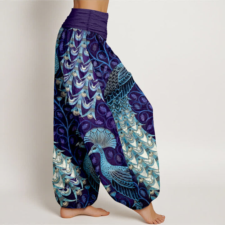 Buddha Stones Pantalones harem de mujer con cintura elástica y estampado de plumas de pavo real, de algodón puro. - image 10