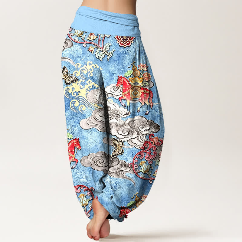 Buddha Stones Pantalones harem de algodón puro con estampado de flores y nubes auspiciosas para mujer, con cintura elástica. - image 1