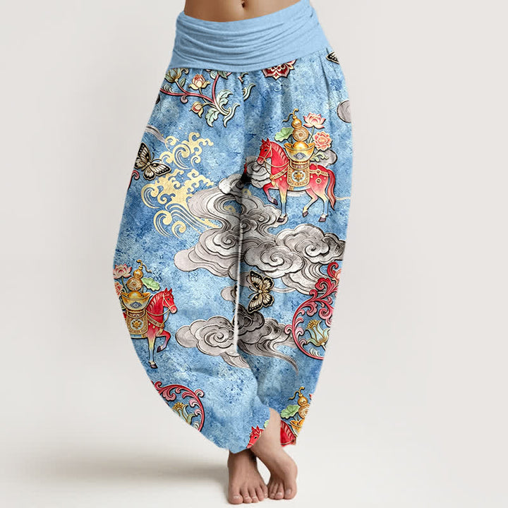 Buddha Stones Pantalones harem de algodón puro con estampado de flores y nubes auspiciosas para mujer, con cintura elástica. - Azul claro - US16，UK/AU20，EU48 (3XL) - image 0
