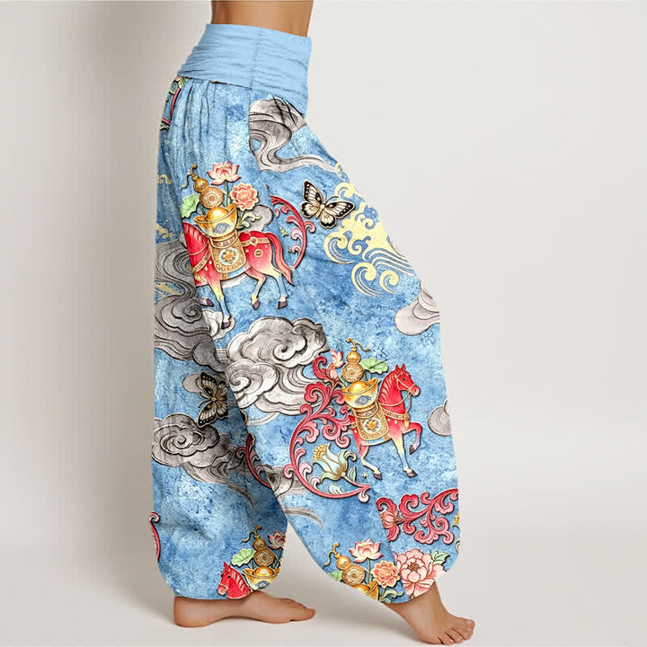 Buddha Stones Pantalones harem de algodón puro con estampado de flores y nubes auspiciosas para mujer, con cintura elástica. - image 2