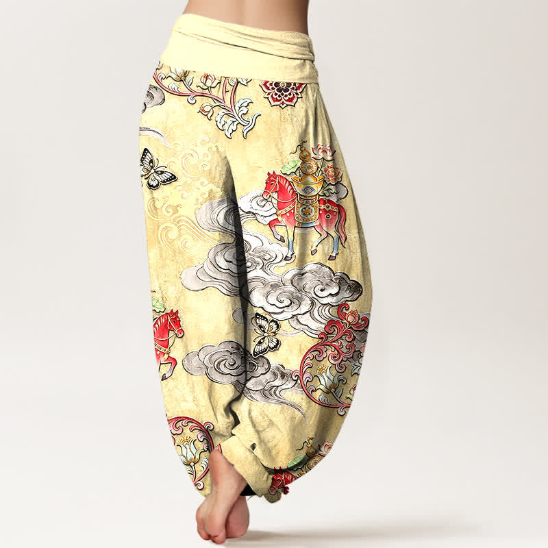 Buddha Stones Pantalones harem de algodón puro con estampado de flores y nubes auspiciosas para mujer, con cintura elástica. - image 6