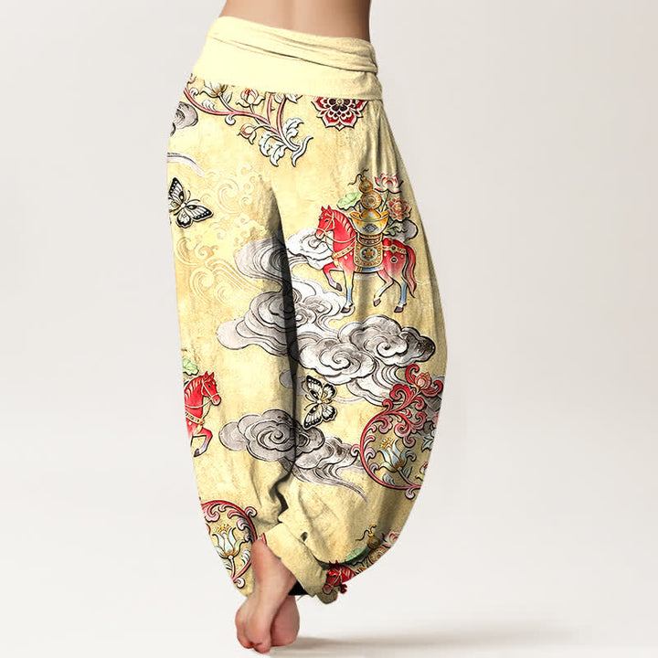 Buddha Stones Pantalones harem de algodón puro con estampado de flores y nubes auspiciosas para mujer, con cintura elástica. - image 6