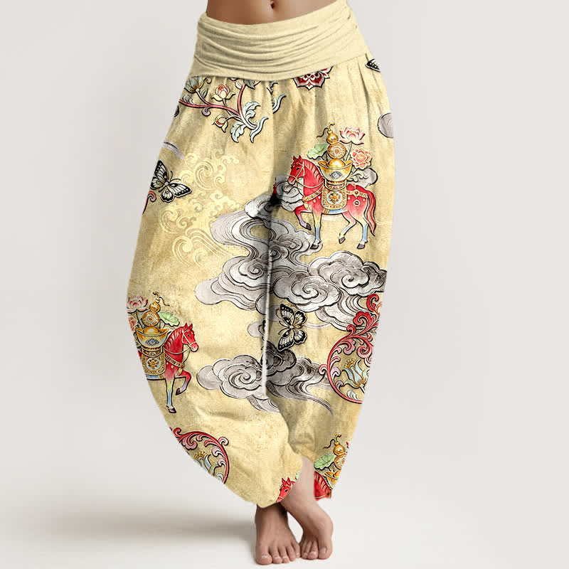 Buddha Stones Pantalones harem de algodón puro con estampado de flores y nubes auspiciosas para mujer, con cintura elástica. - Limón Chiffon - US16，UK/AU20，EU48 (3XL) - image 5