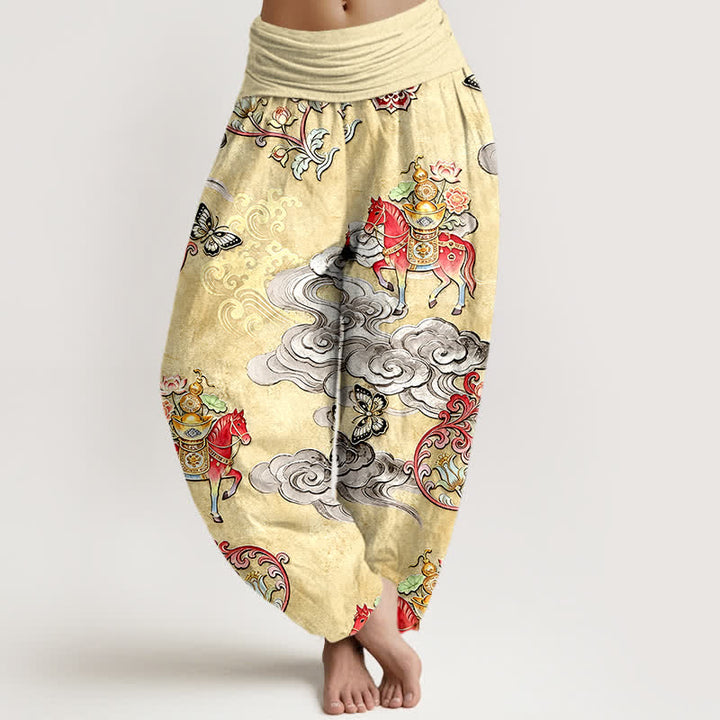 Buddha Stones Pantalones harem de algodón puro con estampado de flores y nubes auspiciosas para mujer, con cintura elástica. - Limón Chiffon - US16，UK/AU20，EU48 (3XL) - image 5