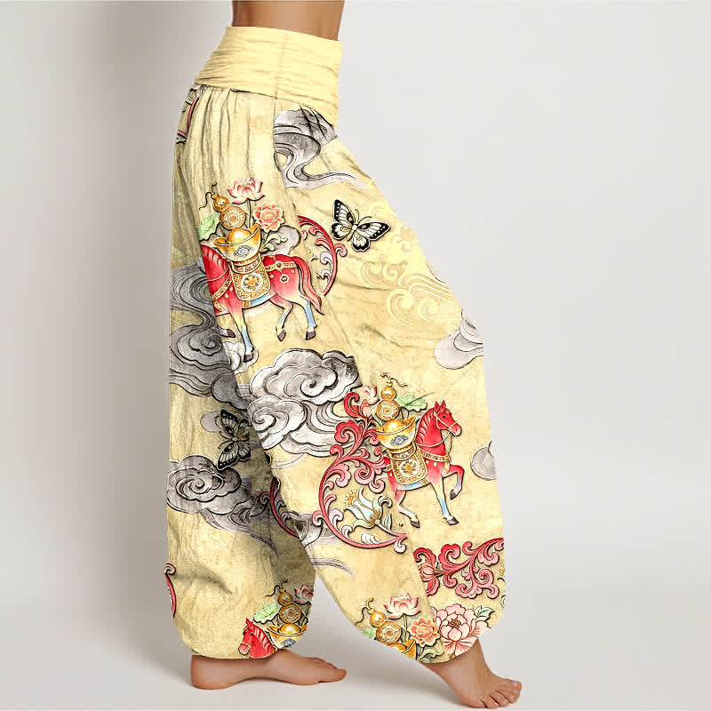 Buddha Stones Pantalones harem de algodón puro con estampado de flores y nubes auspiciosas para mujer, con cintura elástica. - image 7