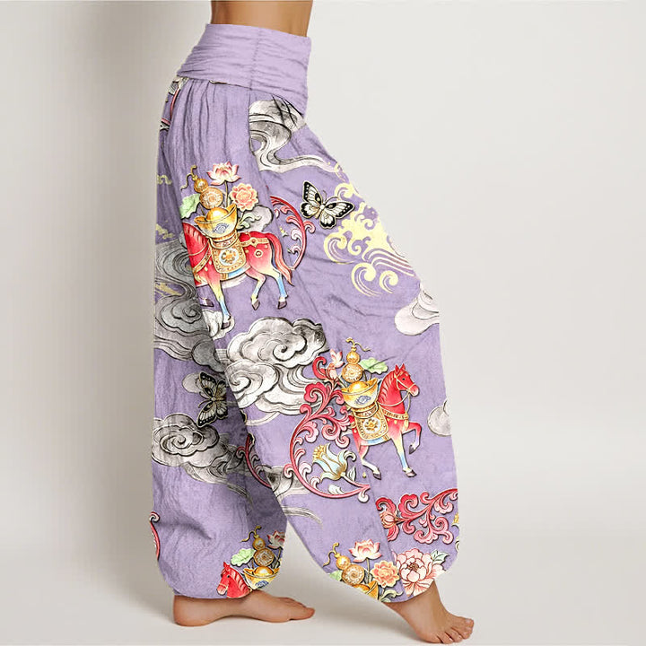 Buddha Stones Pantalones harem de algodón puro con estampado de flores y nubes auspiciosas para mujer, con cintura elástica. - image 10