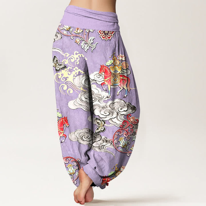Buddha Stones Pantalones harem de algodón puro con estampado de flores y nubes auspiciosas para mujer, con cintura elástica. - image 9