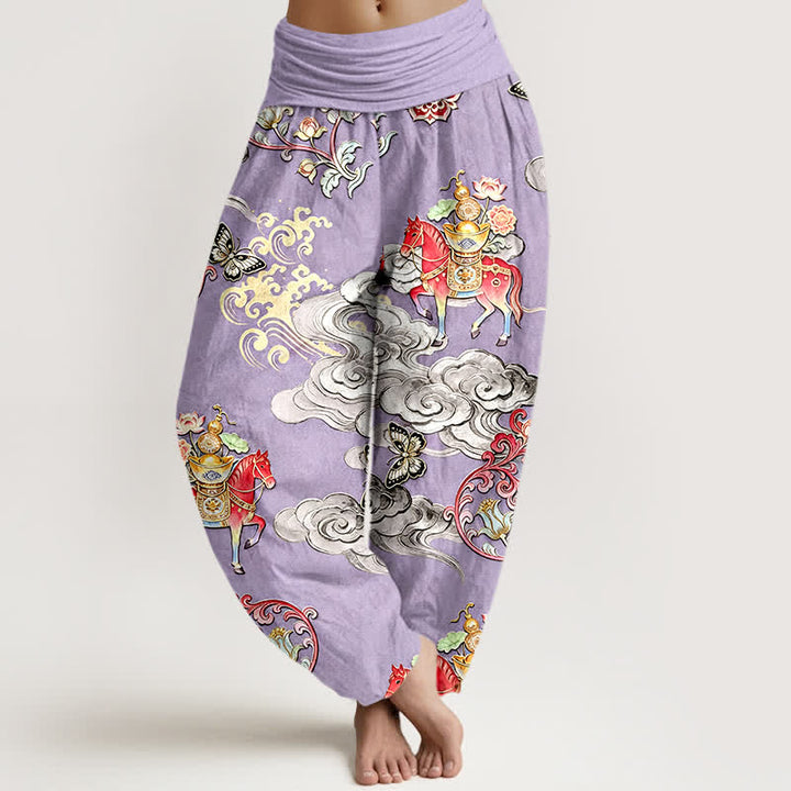 Buddha Stones Pantalones harem de algodón puro con estampado de flores y nubes auspiciosas para mujer, con cintura elástica. - Lavanda - US16，UK/AU20，EU48 (3XL) - image 8