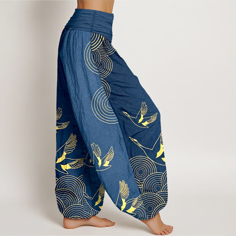 Buddha Stones Pantalones harem de mujer con cintura elástica y estampado de círculos de pájaros color oro algodón - image 2