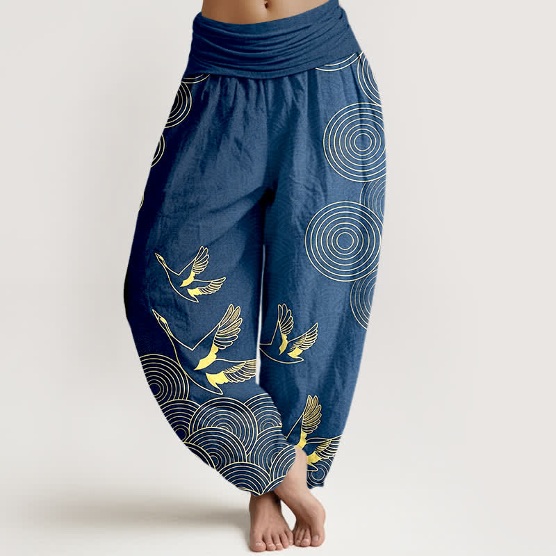 Buddha Stones Pantalones harem de mujer con cintura elástica y estampado de círculos de pájaros color oro algodón - Azul acero - US16，UK/AU20，EU48 (3XL) - image 0
