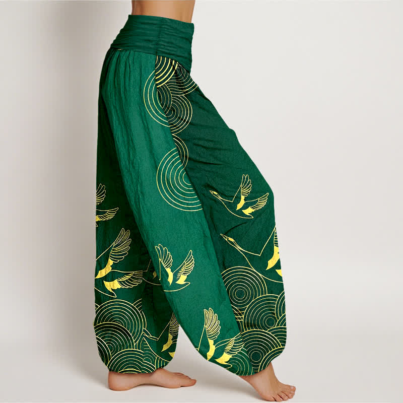 Buddha Stones Pantalones harem de mujer con cintura elástica y estampado de círculos de pájaros color oro algodón - image 7