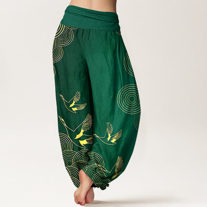 Buddha Stones Pantalones harem de mujer con cintura elástica y estampado de círculos de pájaros color oro algodón - image 6