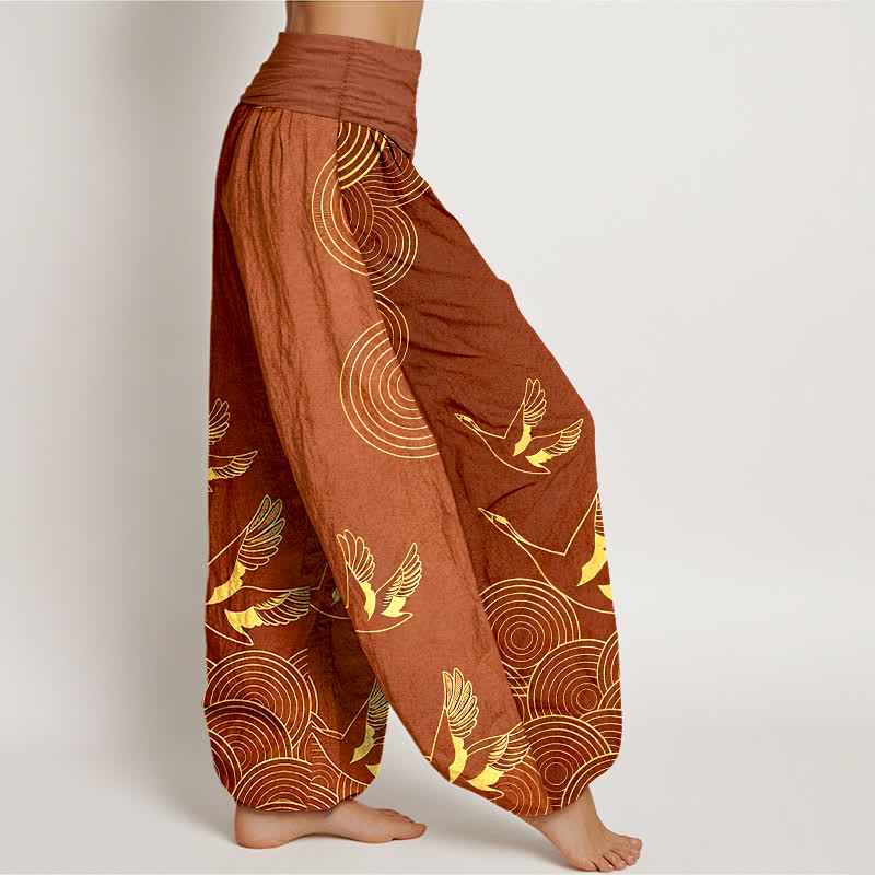 Buddha Stones Pantalones harem de mujer con cintura elástica y estampado de círculos de pájaros color oro algodón - image 10