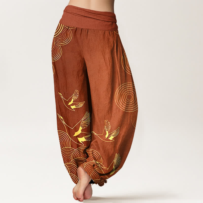Buddha Stones Pantalones harem de mujer con cintura elástica y estampado de círculos de pájaros color oro algodón - image 9