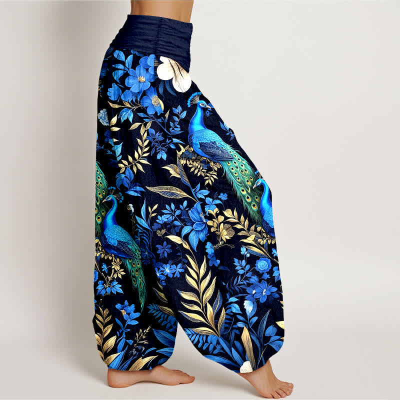 Buddha Stones Pantalones harem de mujer de algodón puro con estampado floral de pavo real en color verde azulado y cintura elástica. - image 2