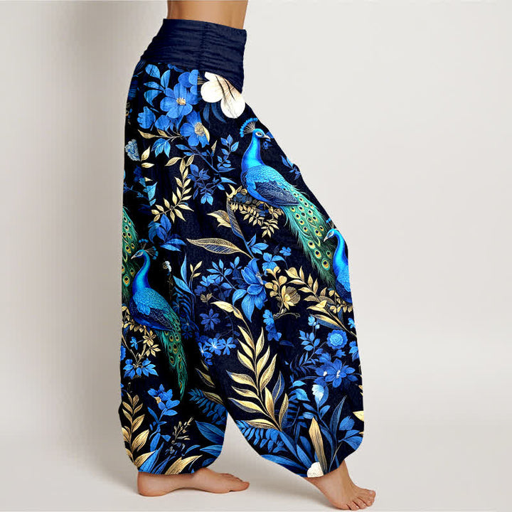 Buddha Stones Pantalones harem de mujer de algodón puro con estampado floral de pavo real en color verde azulado y cintura elástica. - image 2