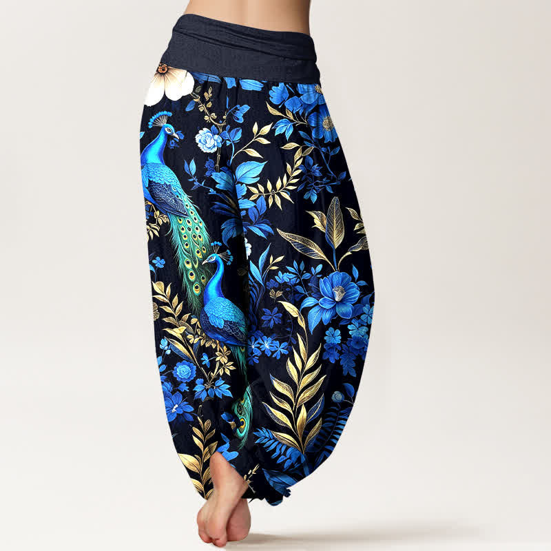 Buddha Stones Pantalones harem de mujer de algodón puro con estampado floral de pavo real color verde azulado y cintura elástica. - image 1