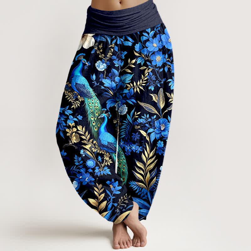Buddha Stones Pantalones harem de mujer de algodón puro con estampado floral de pavo real color verde azulado y cintura elástica. - Negro - US16，UK/AU20，EU48 (3XL) - image 0