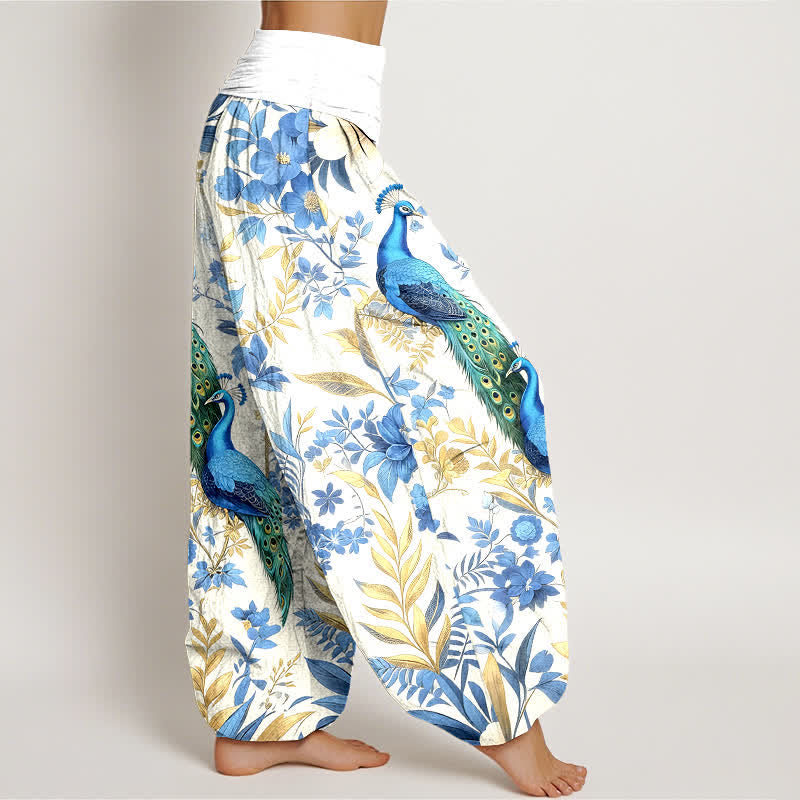 Buddha Stones Pantalones harem de mujer de algodón puro con estampado floral de pavo real en color verde azulado y cintura elástica. - image 7