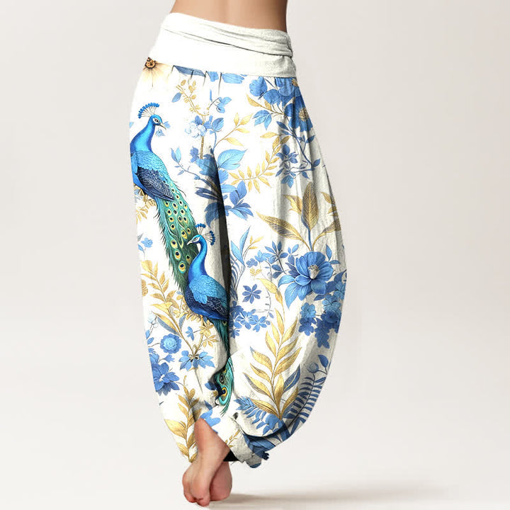 Buddha Stones Pantalones harem de mujer de algodón puro con estampado floral de pavo real en color verde azulado y cintura elástica. - image 6