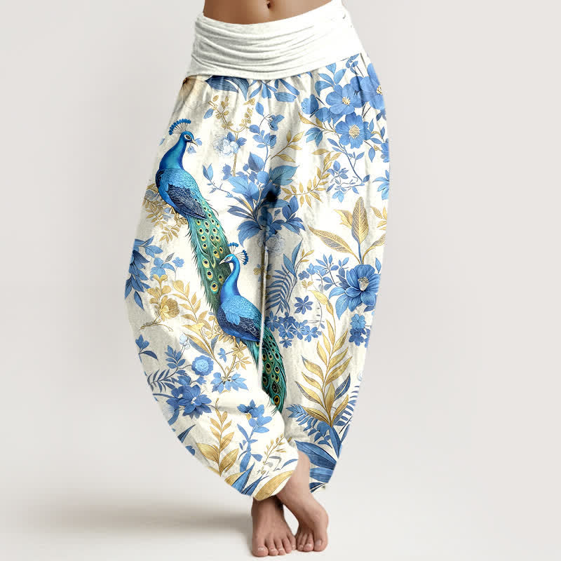 Buddha Stones Pantalones harem de mujer de algodón puro con estampado floral de pavo real en color verde azulado y cintura elástica. - Blanco - US16，UK/AU20，EU48 (3XL) - image 5
