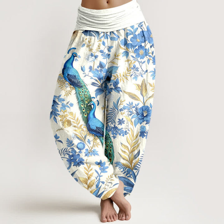 Buddha Stones Pantalones harem de mujer de algodón puro con estampado floral de pavo real en color verde azulado y cintura elástica. - Blanco - US16，UK/AU20，EU48 (3XL) - image 5