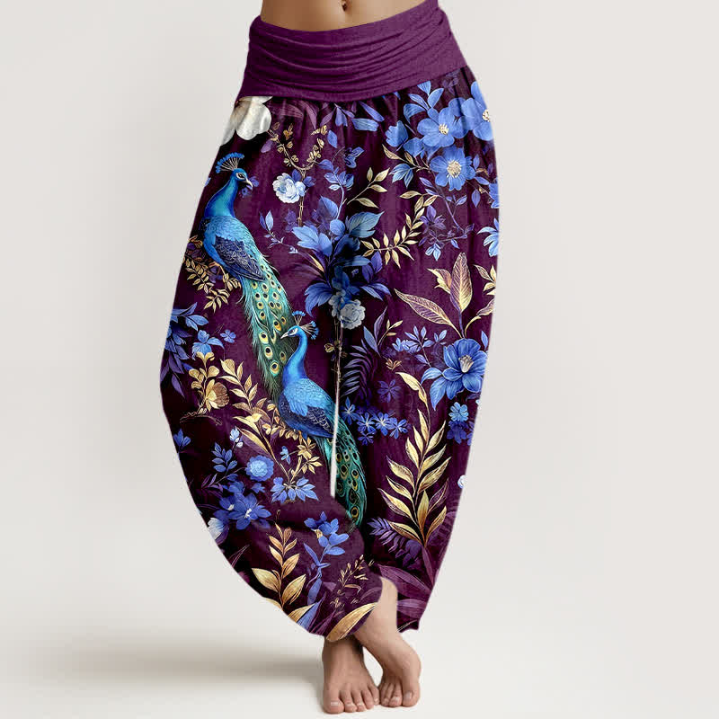 Buddha Stones Pantalones harem de mujer de algodón puro con estampado floral de pavo real en color verde azulado y cintura elástica. - Púrpura - US16，UK/AU20，EU48 (3XL) - image 8