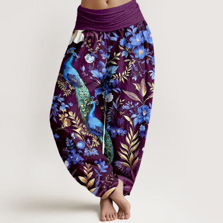 Buddha Stones Pantalones harem de mujer de algodón puro con estampado floral de pavo real en color verde azulado y cintura elástica. - Púrpura - US16，UK/AU20，EU48 (3XL) - image 8