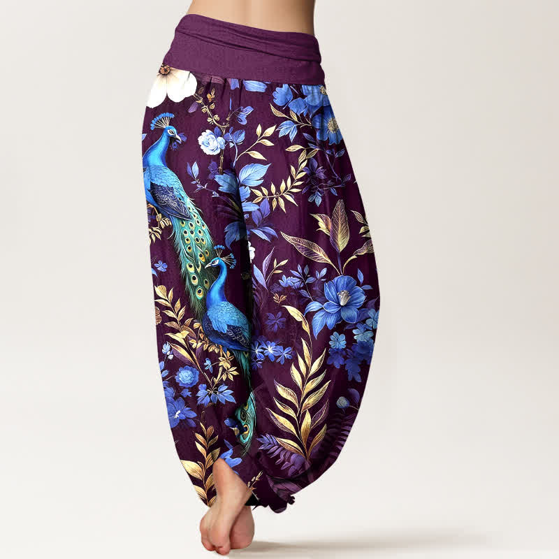 Buddha Stones Pantalones harem de mujer de algodón puro con estampado floral de pavo real en color verde azulado y cintura elástica. - image 9