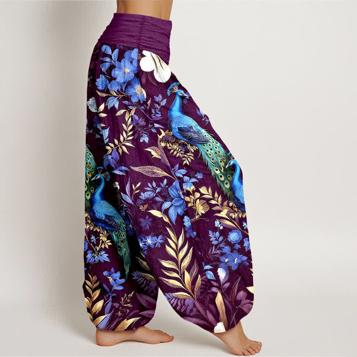 Buddha Stones Pantalones harem de mujer de algodón puro con estampado floral de pavo real en color verde azulado y cintura elástica. - image 10