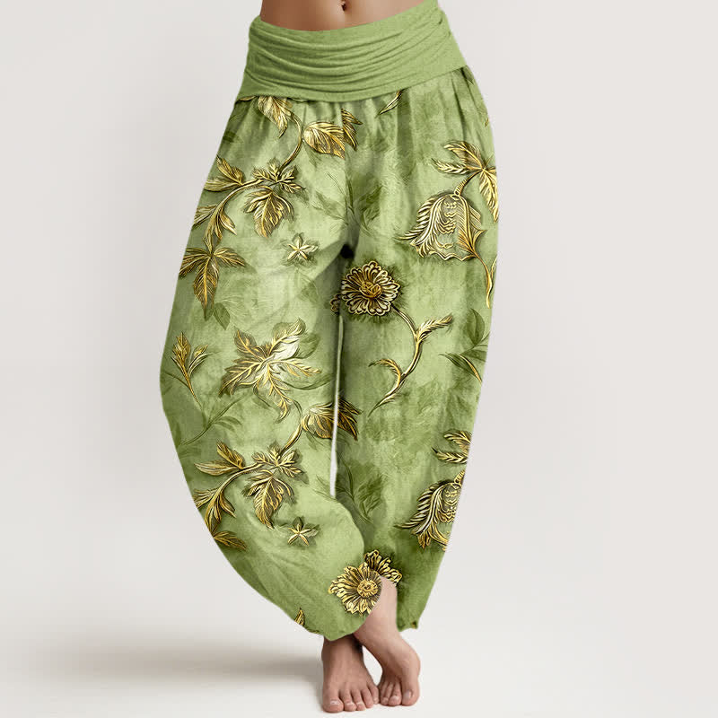Buddha Stones Pantalones harem de algodón con estampado botánico de hojas para mujer con cintura elástica. - Verde claro - US16，UK/AU20，EU48 (3XL) - image 0