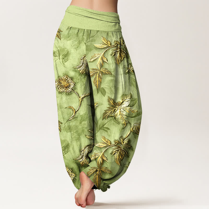Buddha Stones Pantalones harem de algodón con estampado botánico de hojas para mujer con cintura elástica. - image 1