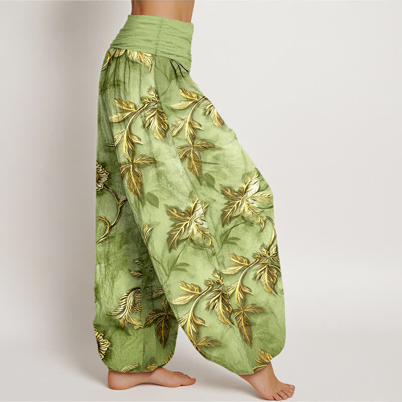 Buddha Stones Pantalones harem de algodón con estampado botánico de hojas para mujer con cintura elástica. - image 2