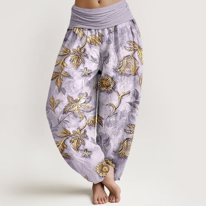 Buddha Stones Pantalones harem de algodón con estampado botánico de hojas para mujer con cintura elástica. - Lavanda - US16，UK/AU20，EU48 (3XL) - image 5