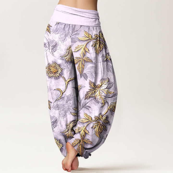 Buddha Stones Pantalones harem de algodón con estampado botánico de hojas para mujer con cintura elástica. - image 6