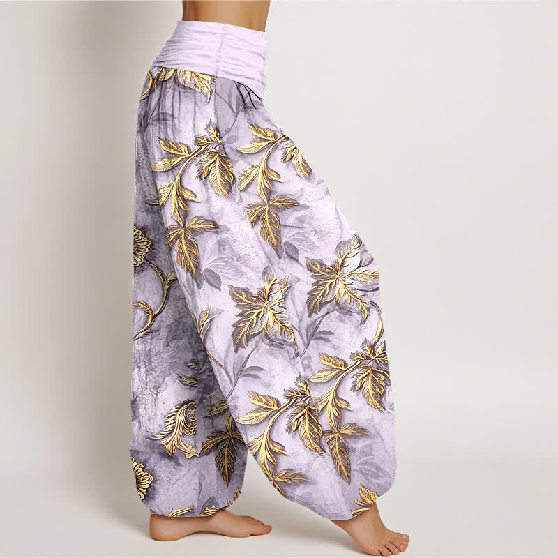 Buddha Stones Pantalones harem de algodón con estampado botánico de hojas para mujer con cintura elástica. - image 7