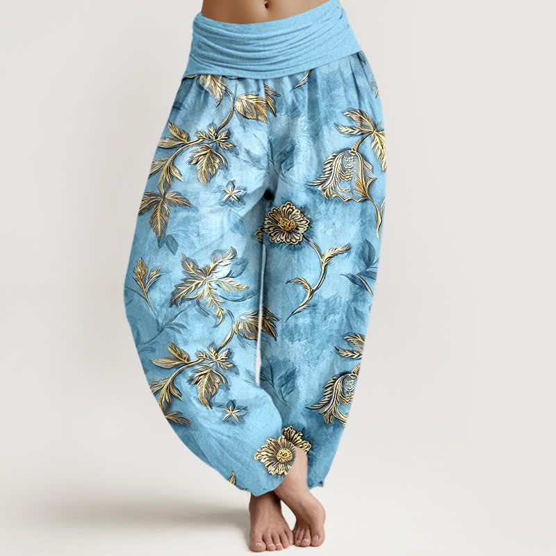 Buddha Stones Pantalones harem de algodón con estampado botánico de hojas para mujer con cintura elástica. - Azul claro - US16，UK/AU20，EU48 (3XL) - image 8