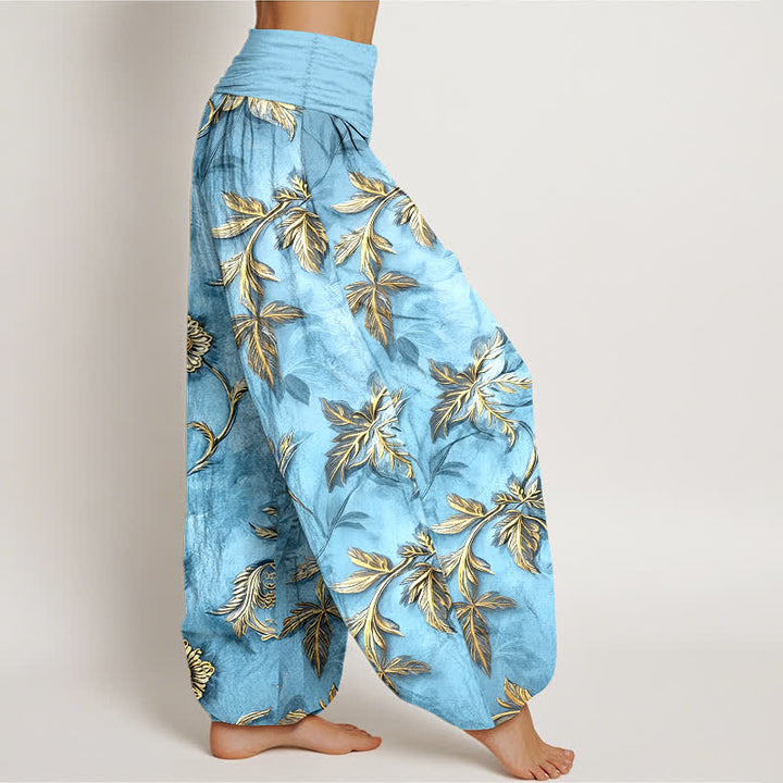 Buddha Stones Pantalones harem de algodón con estampado botánico de hojas para mujer con cintura elástica. - image 10
