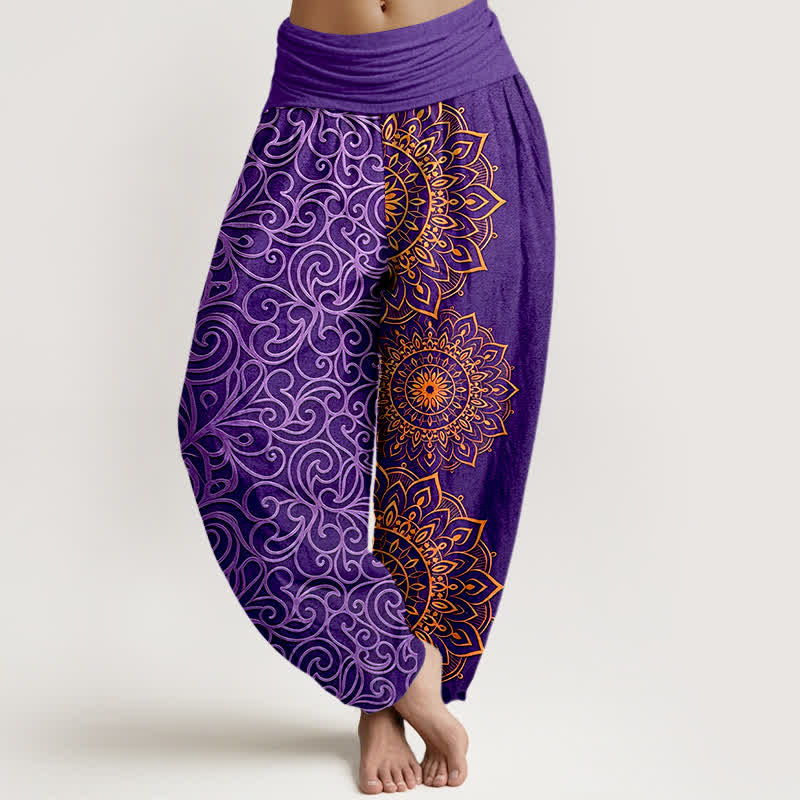 Buddha Stones Pantalones harem de mujer con cintura elástica y estampado floral de mandala dorado, de algodón puro. - Púrpura - US16，UK/AU20，EU48 (3XL) - image 0